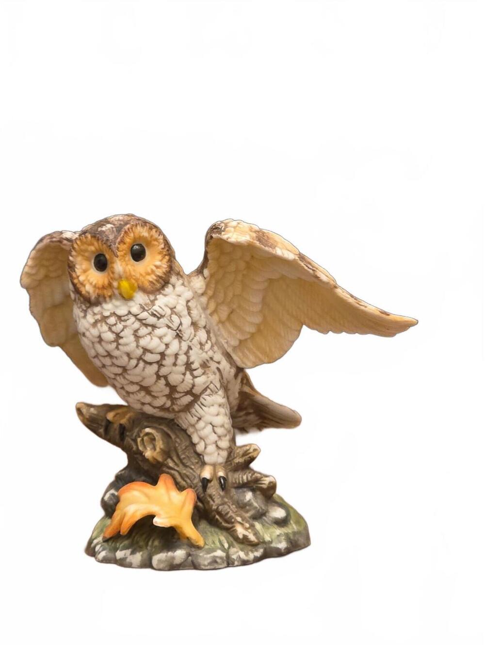 Vintage Porcelain Owl Figurine Open Wings Perched Branch Autumn Leaf 3.5”